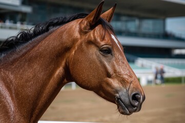 Obraz premium Close-up of a racehorse on the track