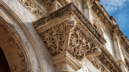 Intricate architectural details with ornate carvings on a historical building exterior under a clear blue sky showcasing intricate artistry and craftsmanship.