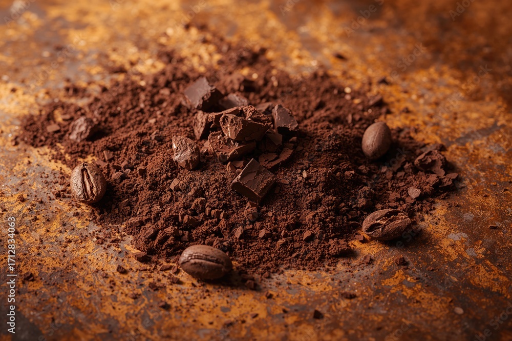 Poster cocoa powder and chocolate chunks placed on unprocessed cocoa seeds.
