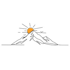 Minimal line art of mountains with sun rising above them  