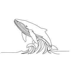 Line art illustration of whale breaching over ocean waves  