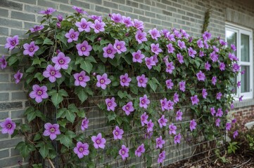 Lavender clematis twining around a wire trellis in a front yard with a stone wall backdrop.
