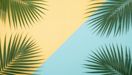 Yellow and light blue backdrop with tropical palm leaf border. Simple natural design. Summer theme. Flat layout. Image size around 5500 x 3600 pixels.