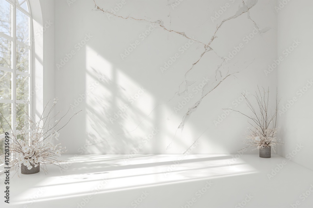 Poster minimalist white studio setting featuring window shadows, floral and palm leaf silhouettes, and ampl