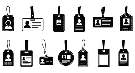 Collection of black identification badges with varying portrait designs silhouette