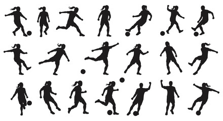 Silhouettes of soccer players in various action poses with balls