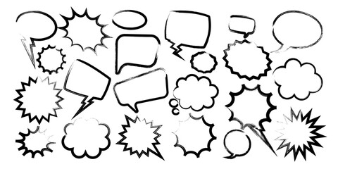 Grunge comic speech bubbles with brush strokes, ink smudges, acrylic stains or charcoal streaks. Hand drawn retro cartoon stickers. Chatting, message box. Vector illustration