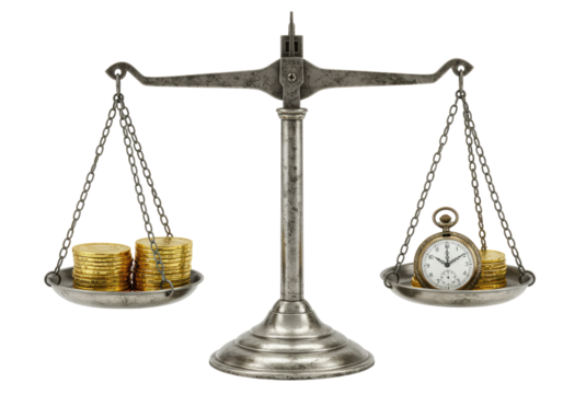 Isolated Antique Balance Scale with Gold Coins and Pocket Watch, Balancing Time and Money