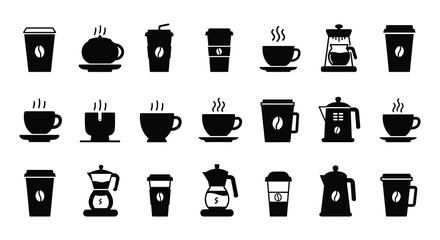 Collection of various black silhouette coffee cups and brewing equipment icons