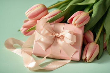 Beautiful tulips and a pink present on a green backdrop celebrating women's day