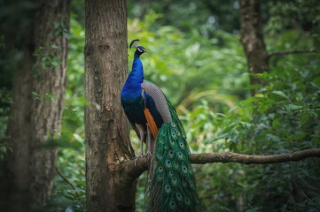 Fototapeta premium Colorful bird perched on a branch in a lush woodland