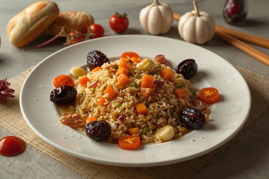 Rice dish served on a white dish with dried plums, orange vegetables, and red tomatoes - Powered by Adobe