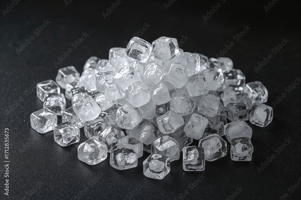 Poster heap of shattered ice pieces on a black surface with ample space for text. broken ice chunks in the 