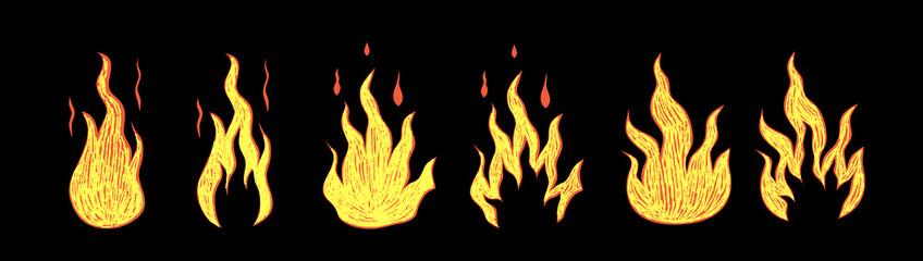 Set fire with crayon texture. Scribble flame with texture. Vector illustration