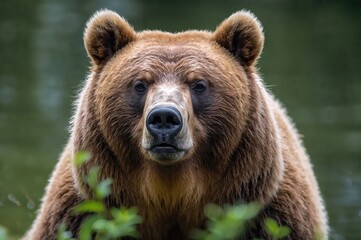 Detailed close-up of a massive brown bear in sharp focus