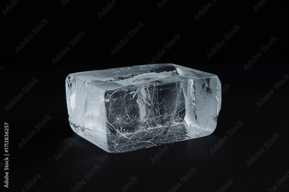 Poster rectangular ice cube featuring fractures, set against a dark backdrop.