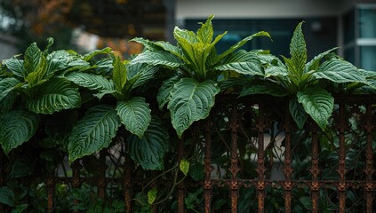 Vines climbing over a metal barrier beside a residence
