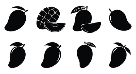 A collection of stylized black and white mango illustrations and fruit shapes © Tm Studio