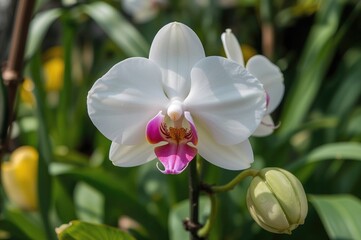 Detailed close-up of a decorative orchid blossom in a garden setting