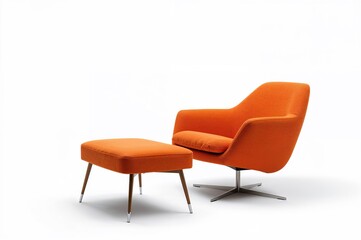 Obraz premium Bright orange armchair paired with a matching footrest. Modern textile-upholstered seating showcased on a clean white background.