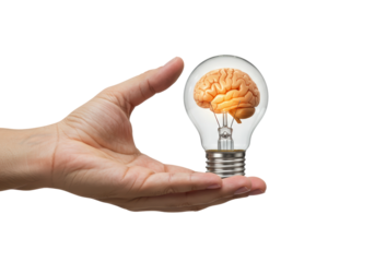 Isolated hand holds a light bulb with a brain inside, representing an idea or intellect
