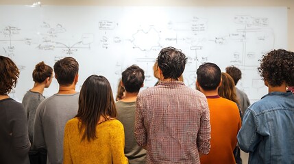 People gathered in front of a whiteboard with diagrams, conversion funnels, or mind maps