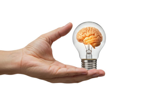 Isolated hand holds a light bulb with a brain inside, representing an idea or intellect