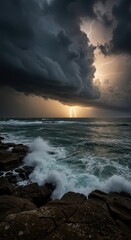 Fototapeta premium Dramatic lightning storm over a turbulent ocean, showcasing powerful waves crashing against dark, rugged coastlines.