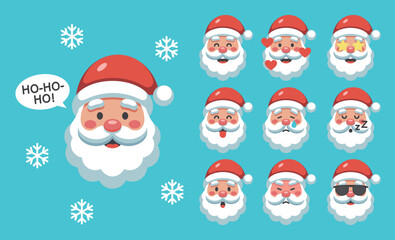 Santa Claus Emoji. Set of cute Santa Claus icons with different expressions of emotions. Christmas 2025 symbol person. Cartoon vector illustration isolated on blue background
