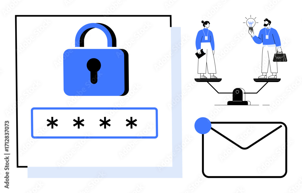 Poster lock and password security, email envelope with notification, two professionals weighing skills and 