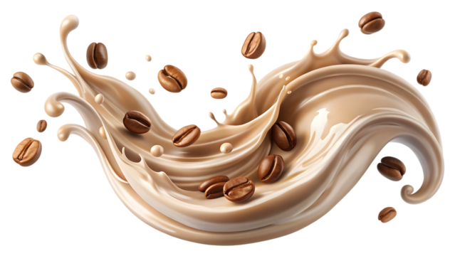 milk coffee liquid splash with beans isolated without background, isolated 