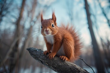 Young red squirrel perched high in a tree during winter, cute and playful in the cold forest under a clear sky