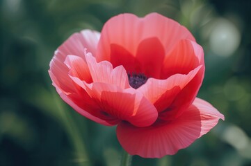 Close-up view of a vibrant red poppy in a lush garden setting