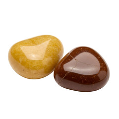 2つの磨かれた黄色と茶色の石のクローズアップ透明背景の質感のある表面