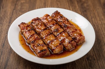Grilled pork steak served on a white plate with barbecue sauce and smoke