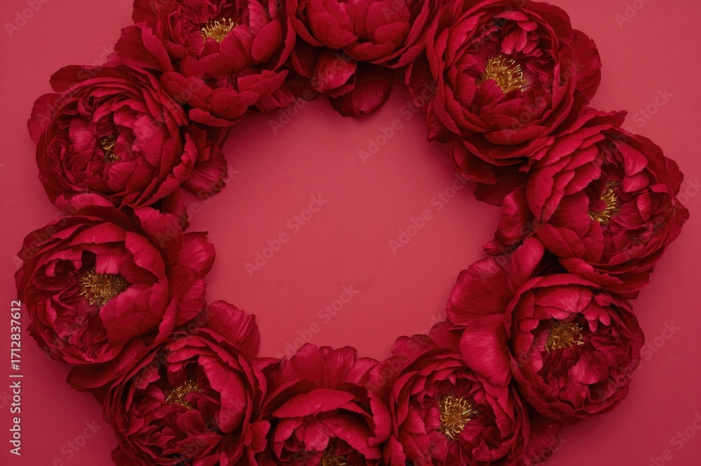 Aufkleber top view of vibrant red peonies on a matching red backdrop with ample copy space. perfect for celebr
