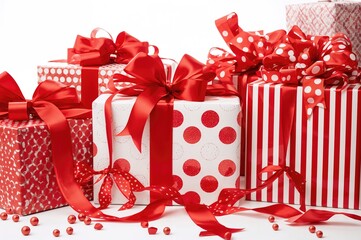 Gifts wrapped in red polka dots and stripes featuring a red ribbon bow on a white backdrop