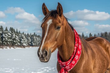 Winter portrait of a horse wearing a red hat and scarf for Christmas