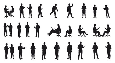 Diverse group of people in various poses and office settings silhouette