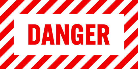 Warning sign with red and white diagonal lines. Attention, danger or caution symbol. Construction site signage, road safety notice, hazard banner, security alert shield. Vector illustration