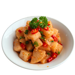 白磁ボウル入り大根唐辛子とハーブ添え透明背景に配置されたスパイシー料理