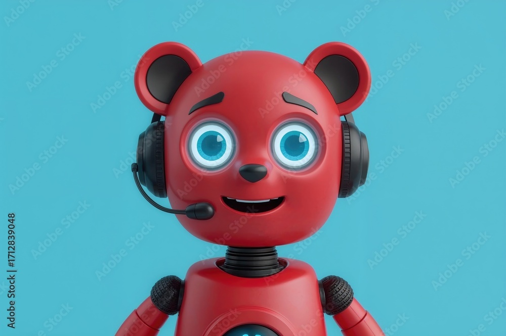 Poster adorable cheerful red robot character with bear-like ears and bright smiling eyes displayed on a blu