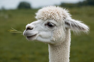 Obraz premium Close-up of a light-colored alpaca chewing on some grass