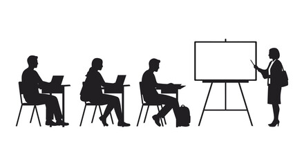 Silhouette of a business presentation with a speaker and seated audience