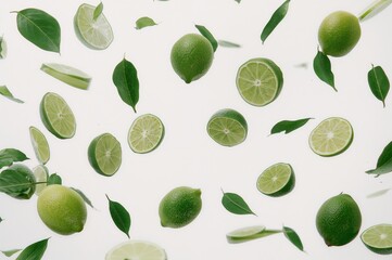 Fresh lime fruit with slices and leaves floating mid-air against a white background.