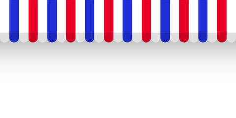 Shop sunshade. Realistic striped cafe awning. Outdoor market tent. Roof canopy in French flag colors. Summer street store. Vector illustration.