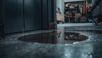 Water leakage near elevator door causing floor damage