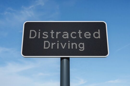 Digital highway sign against clear sky promoting awareness and prevention of distracted driving