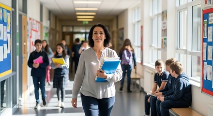 Fototapeta premium Female teacher walking down a school corridor with students in the background.