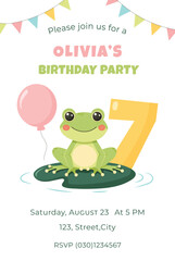 Birthday party invitation card with cute frog. Birthday party vector template